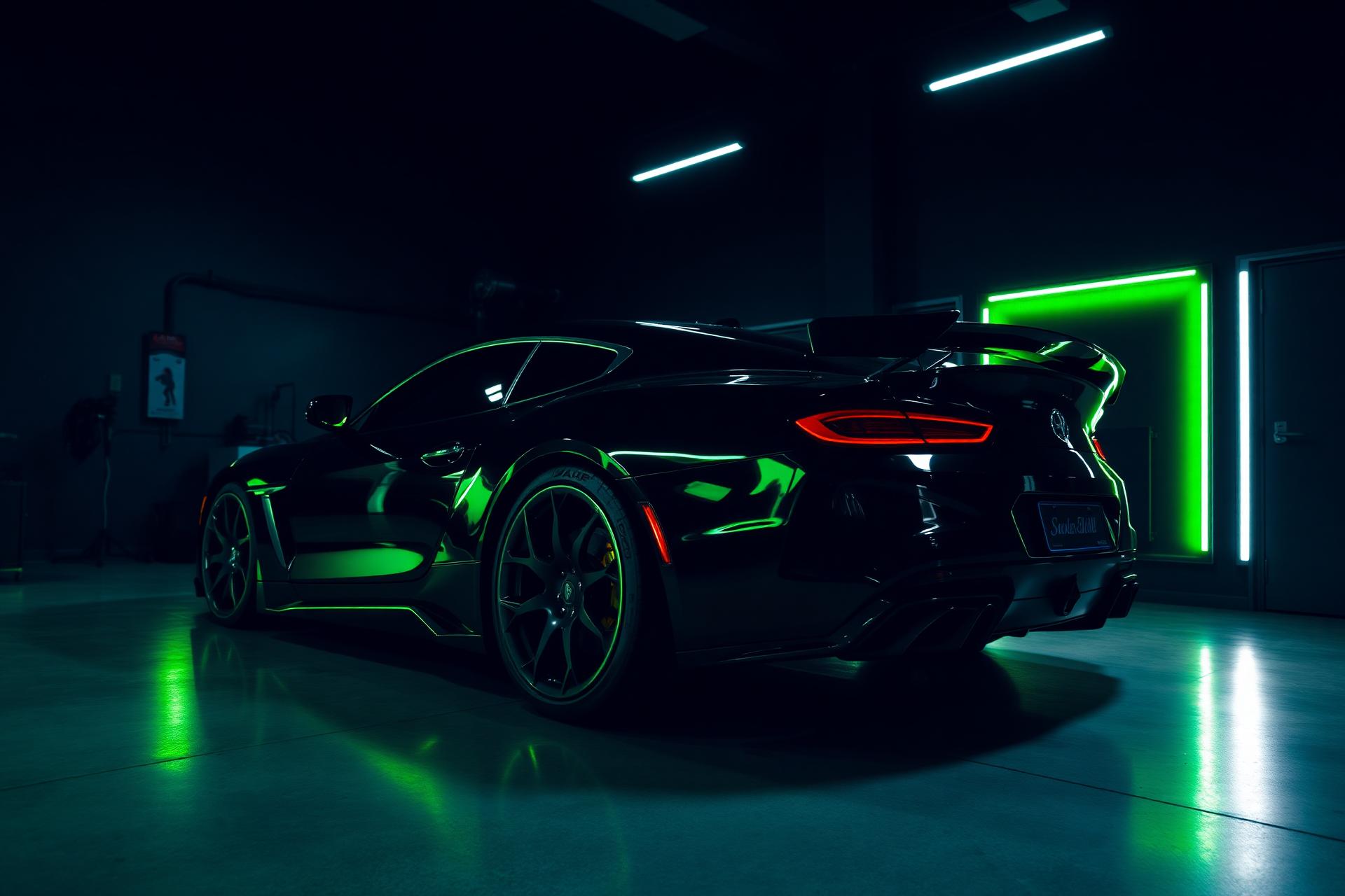 Автомобиль под неоновой подсветкой в детейлинг-боксе Green Car Detailing